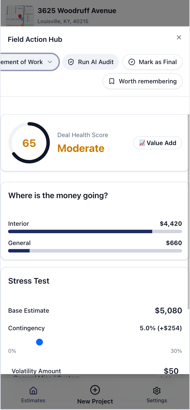 RE:build screenshot showing rehab risk, quantified